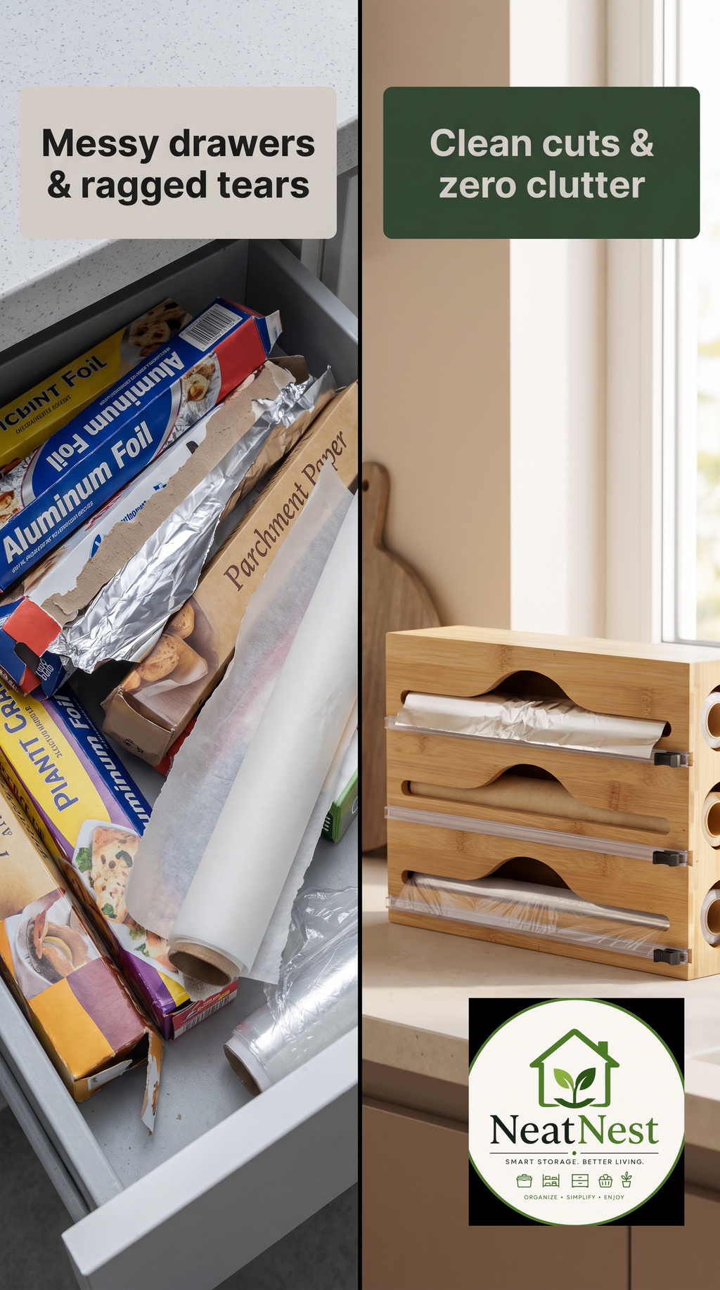 Bamboo Kitchen Wrap & Foil Dispenser with Built-In Cutter | 3-in-1 Organizer | NeatNest