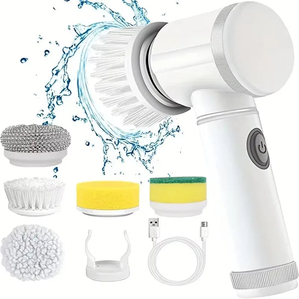 White NeatNest cordless electric spin scrubber with five interchangeable cleaning heads and USB charging cable
