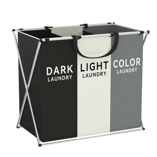 Black, white and grey three-section laundry hamper