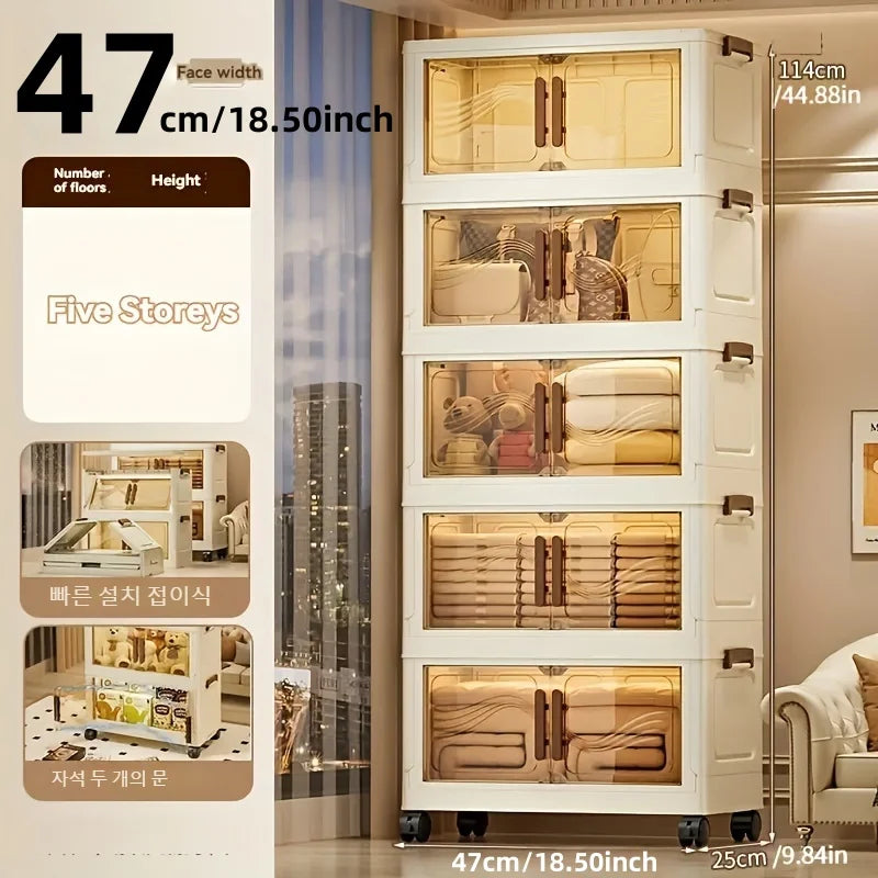 Premium Foldable Storage Cabinet with Clear Doors & Wheels (Tier 3)