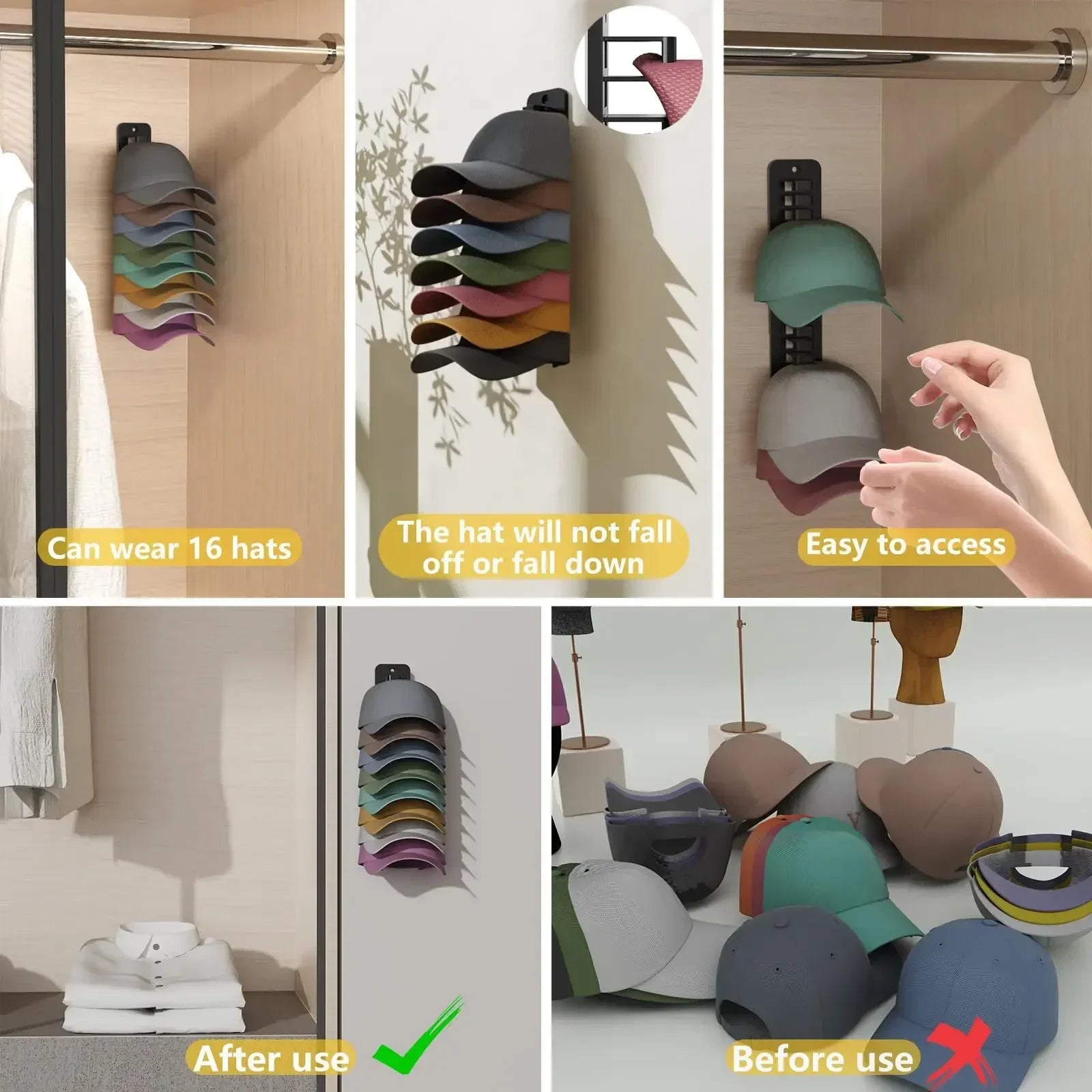 Premium Wall Mounted Hat Organizer | Stores Up to 16 Caps Without Damaging Shape