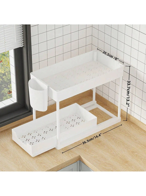 White two-tier organizer dimension diagram showing 36.5 cm length, 20.5 cm width and 33.7 cm height