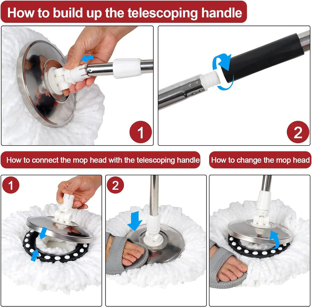 Step-by-step guide for assembling and using the telescoping spin mop handle