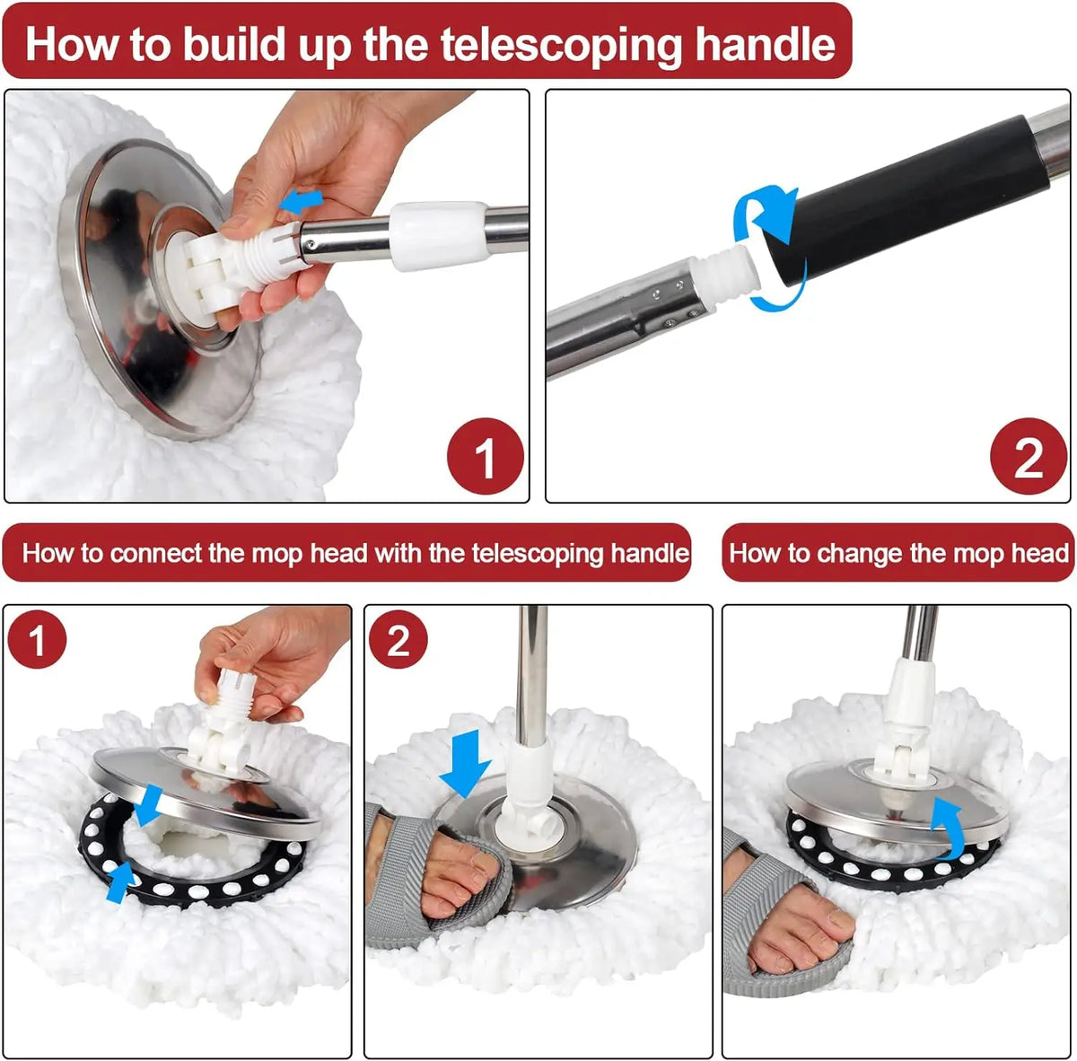 Step-by-step guide for assembling and using the telescoping spin mop handle