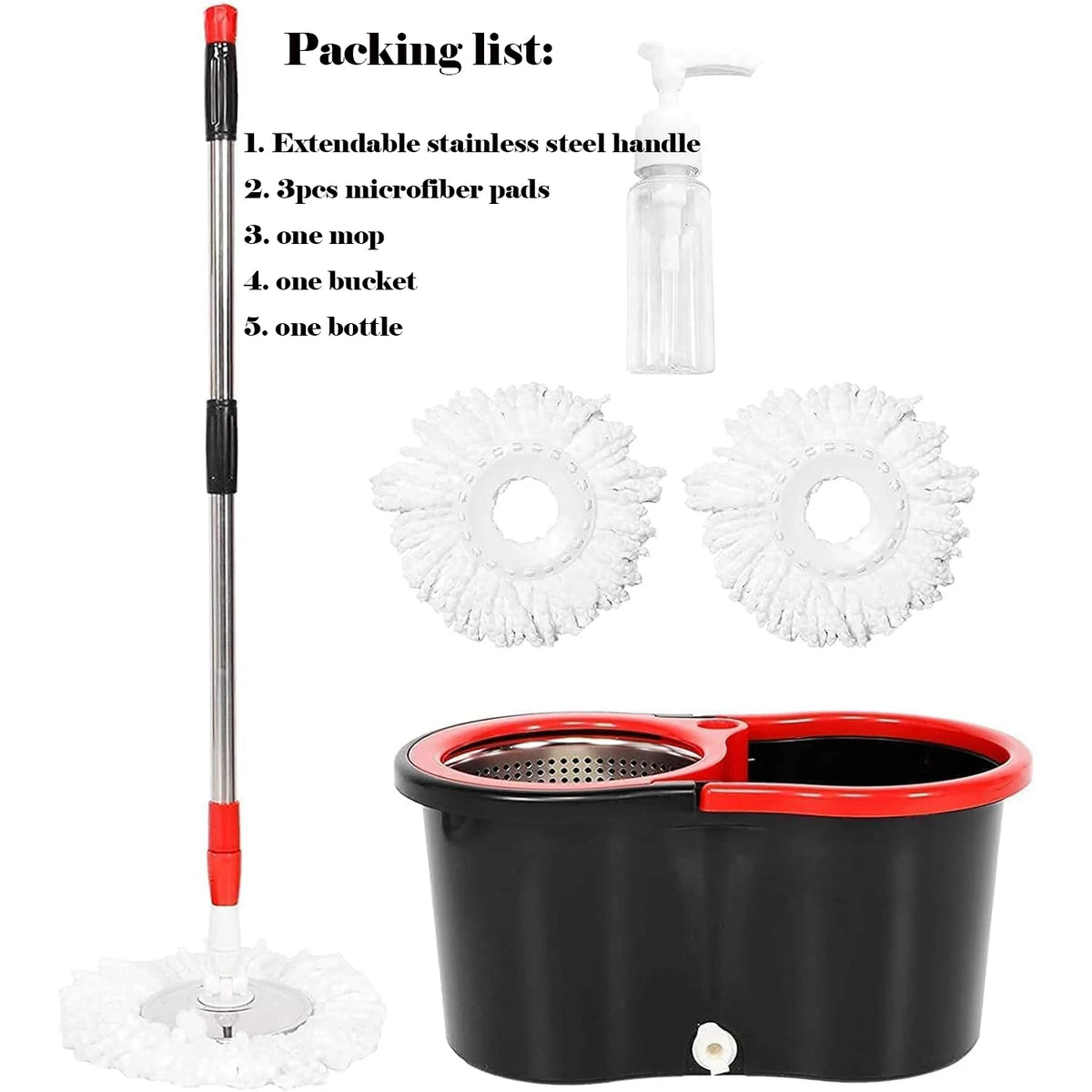 Spin mop and bucket set with extendable handle, three microfiber mop heads and cleaning-solution dispenser