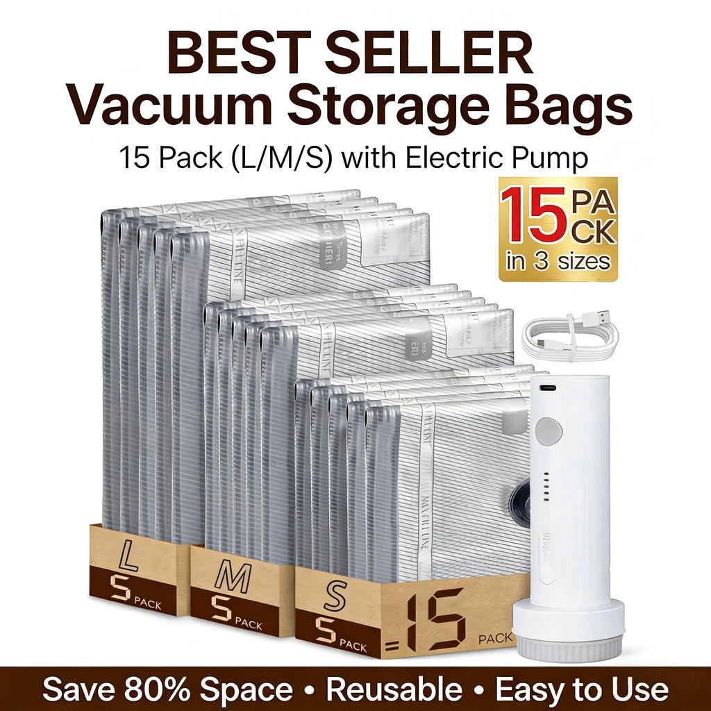 Premium Electric Vacuum Storage Bags Set – Space Saving Compression Bags with Rechargeable Pump