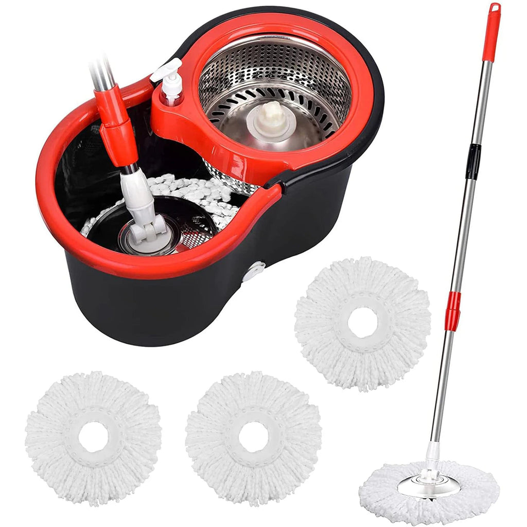 Black and red spin mop bucket set with extendable handle and microfiber mop heads