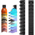 Black wall-mounted baseball cap organizer shown with caps and front and back views