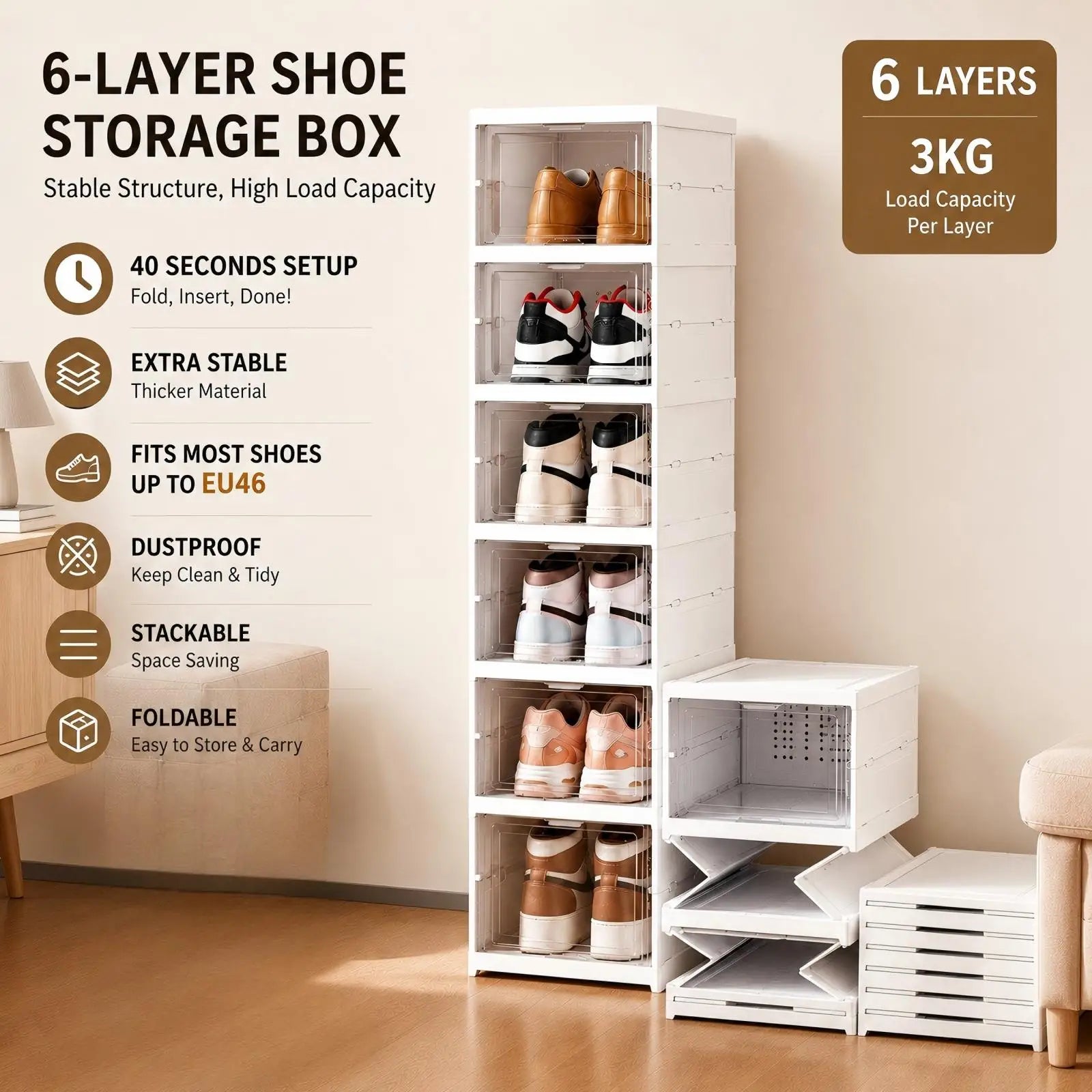 Premium Stackable Shoe Storage Cabinet | Dustproof Clear Organizer