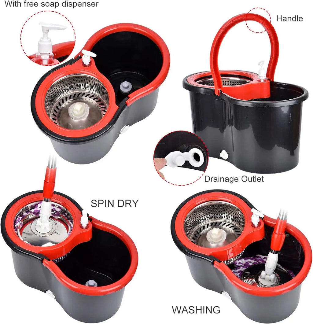 Spin mop bucket components including handle, mop head and wringing system