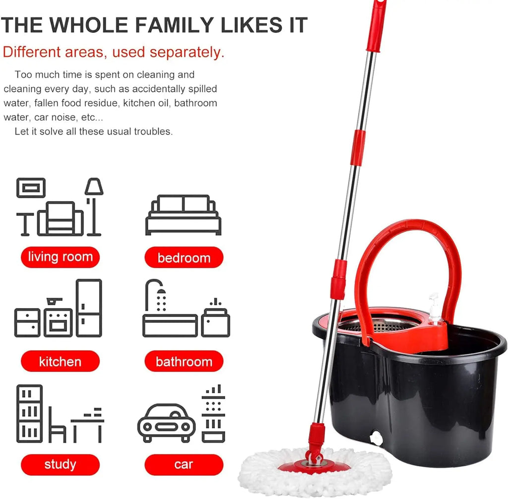 Spin mop and bucket shown for cleaning living rooms, kitchens, bathrooms and other household areas