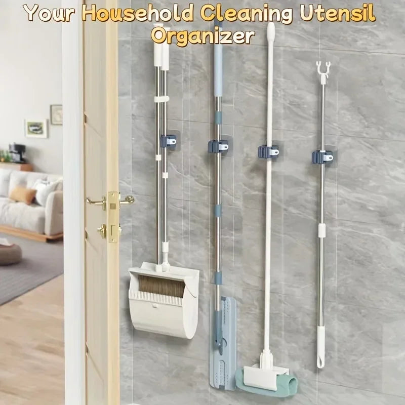 Wall Mounted Mop & Broom Holder | No-Drill Organizer for Bathroom, Kitchen & Laundry