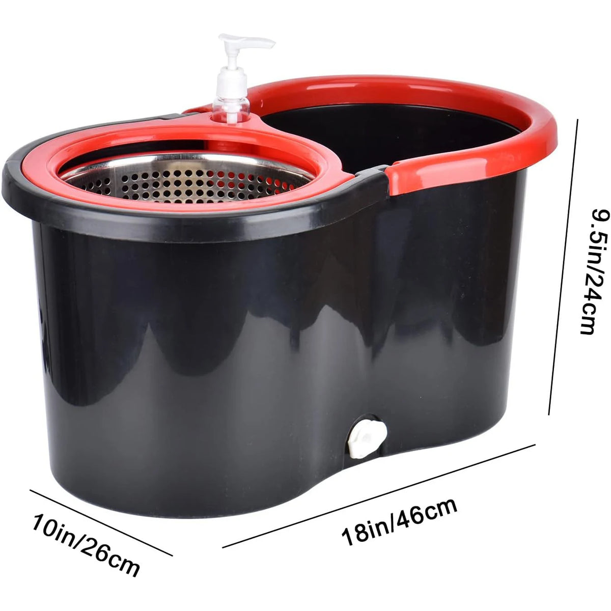 Black and red spin mop bucket with wringing basket and product dimensions