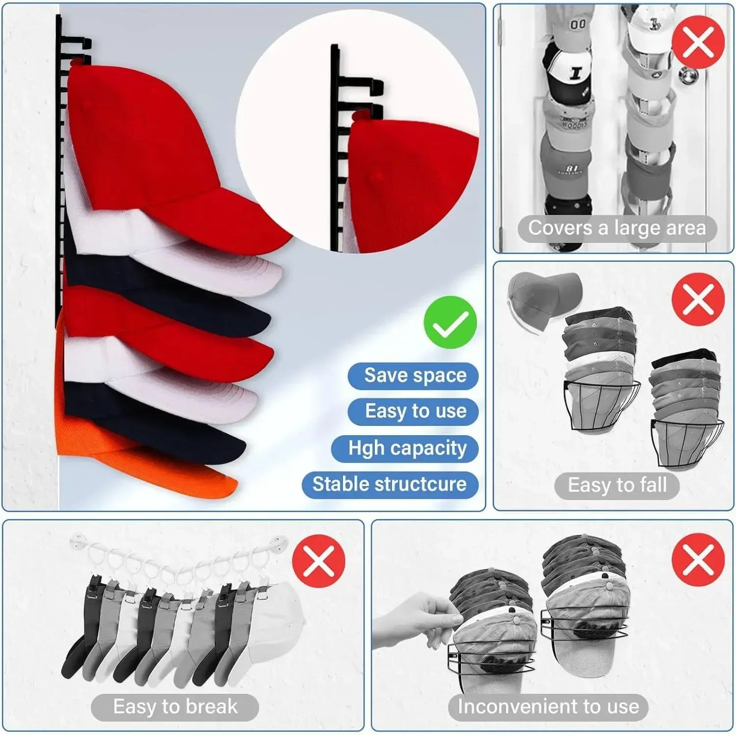 Premium Wall Mounted Hat Organizer | Stores Up to 16 Caps Without Damaging Shape