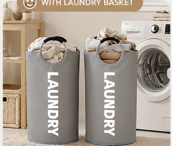 Two gray foldable laundry hampers beside a washing machine