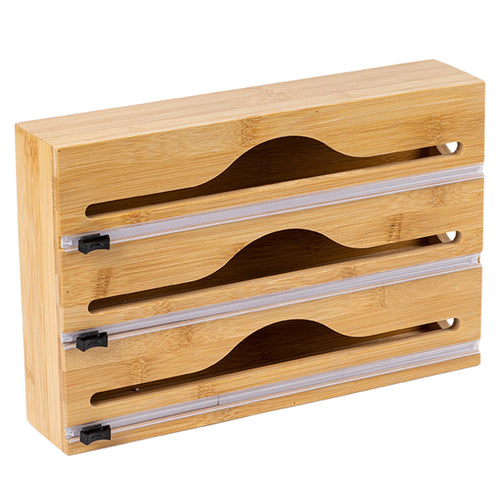 Three-roll bamboo wrap and foil dispenser with sliding cutters