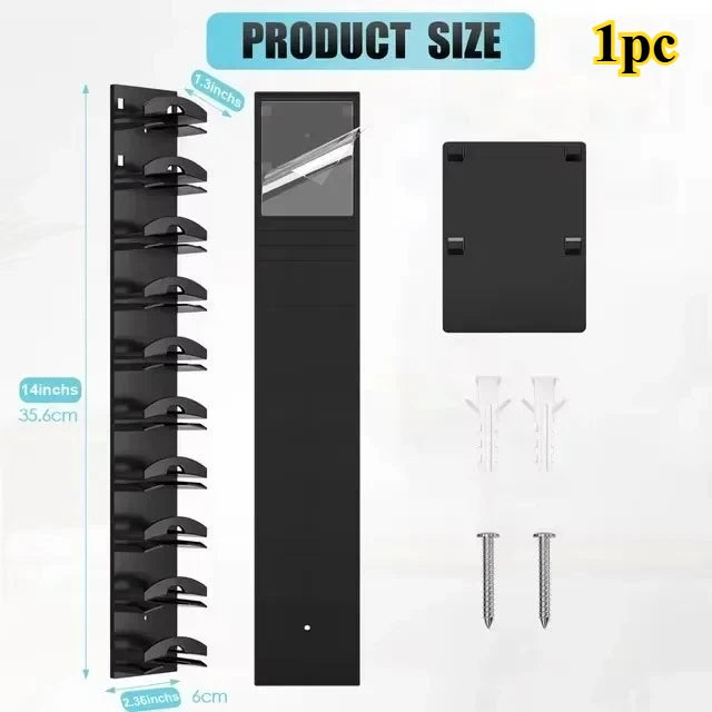 Black baseball cap organizer size diagram with mounting accessories