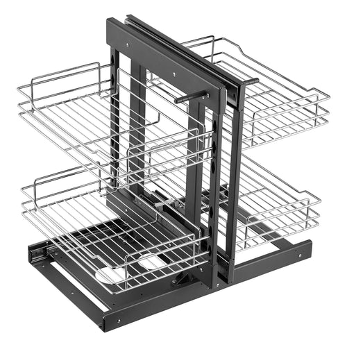 Blind corner pull-out cabinet organizer with silver baskets and dark frame