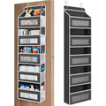 Black five-shelf over-the-door organizer shown filled on a wooden door and empty beside it