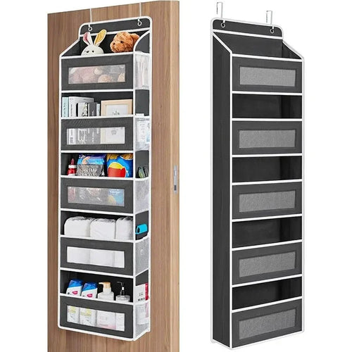Black five-shelf over-the-door organizer shown filled on a wooden door and empty beside it
