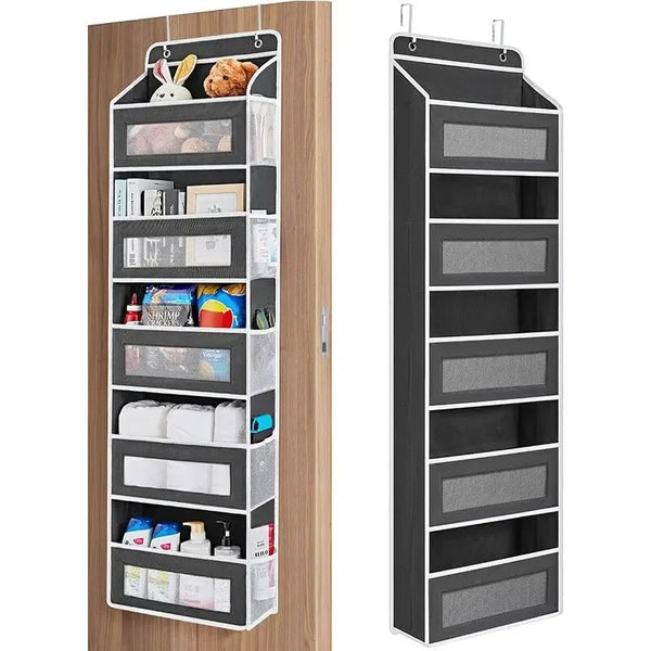 Black five-shelf over-the-door organizer shown filled on a wooden door and empty beside it