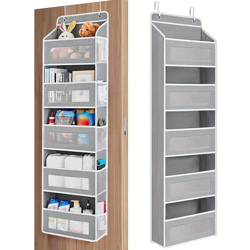 Grey five-shelf over-the-door organizer shown filled on a wooden door and empty beside it