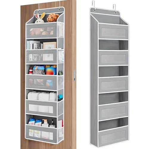 Grey five-shelf over-the-door organizer shown filled on a wooden door and empty beside it