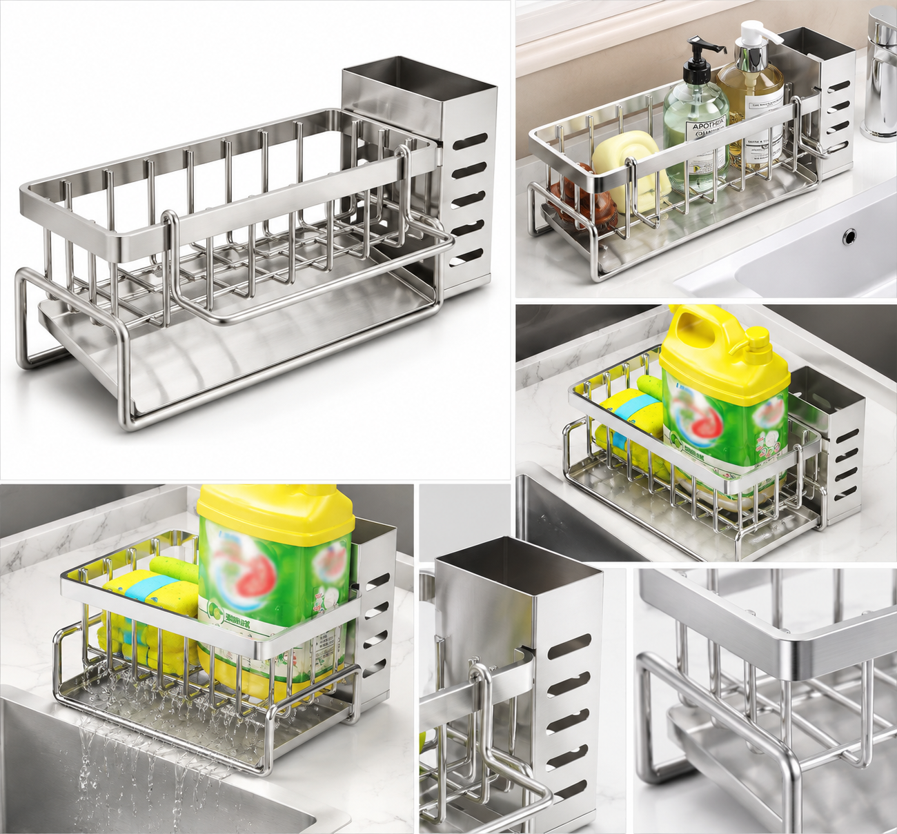 NeatNest stainless steel sink drain rack lifestyle and detail views