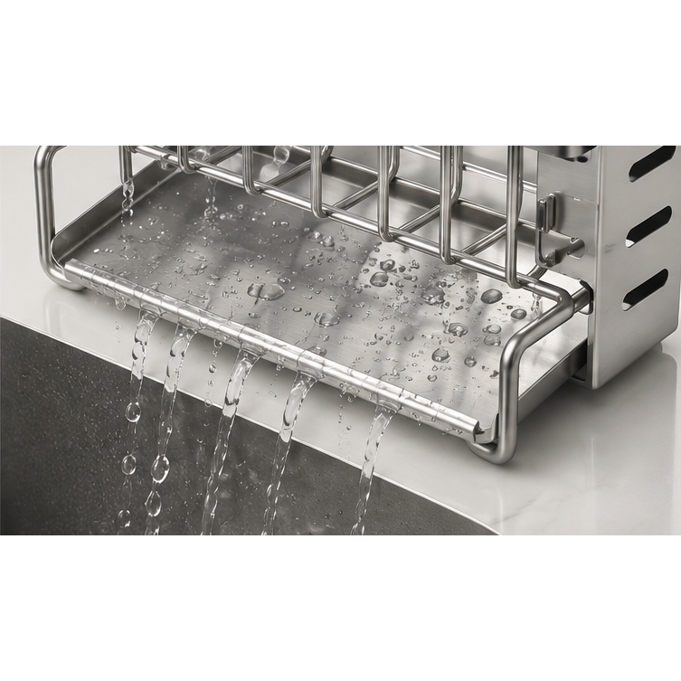 Close-up of NeatNest stainless steel sink rack drainage tray directing water toward sink