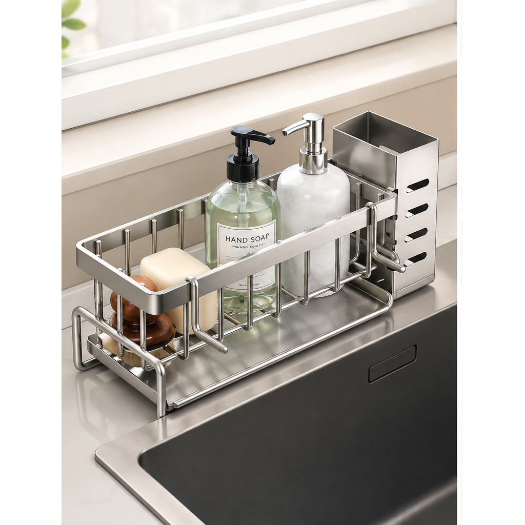 NeatNest stainless steel sink rack holding soap and cleaning essentials beside kitchen sink