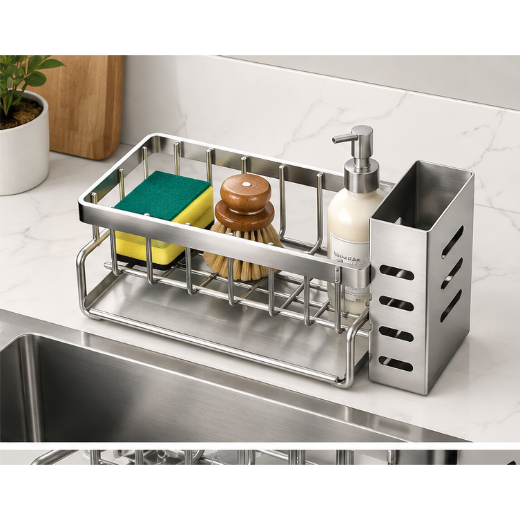 NeatNest sink organizer with sponge brush and soap on a clean kitchen countertop